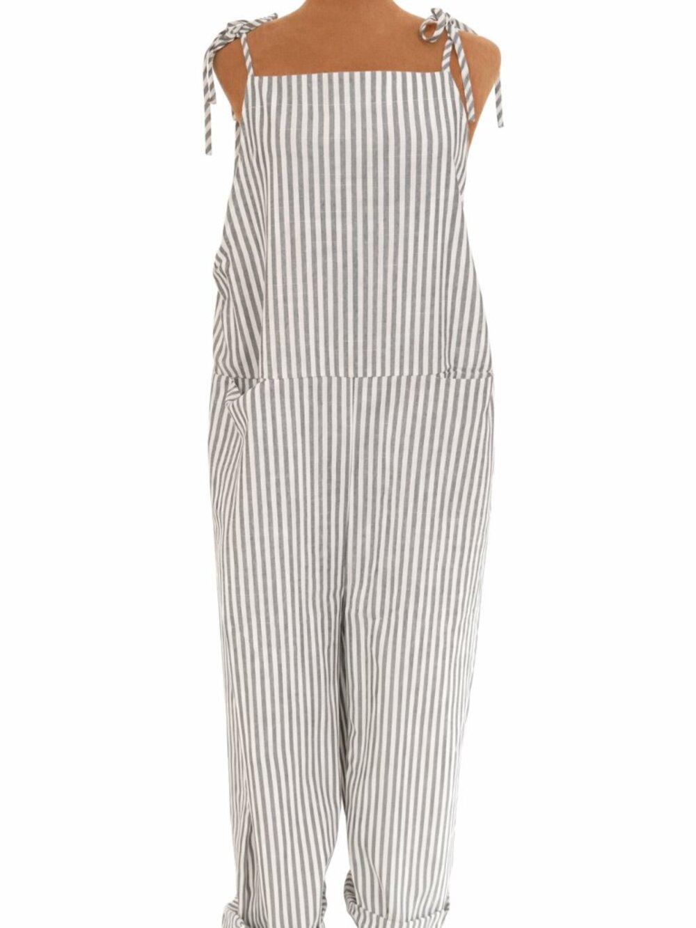 Gray & White Striped Tie‑Strap Overalls | Adjustable | Pockets | 55” Long | Like